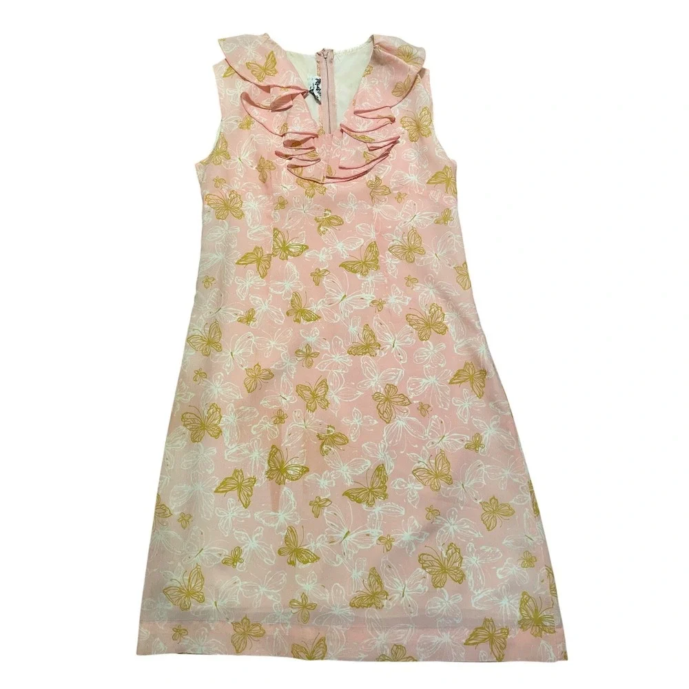 Vintage‎ Mr. Winn Dress 1960 Pink Butterfly Ruffle Collar V Neck Small GUC